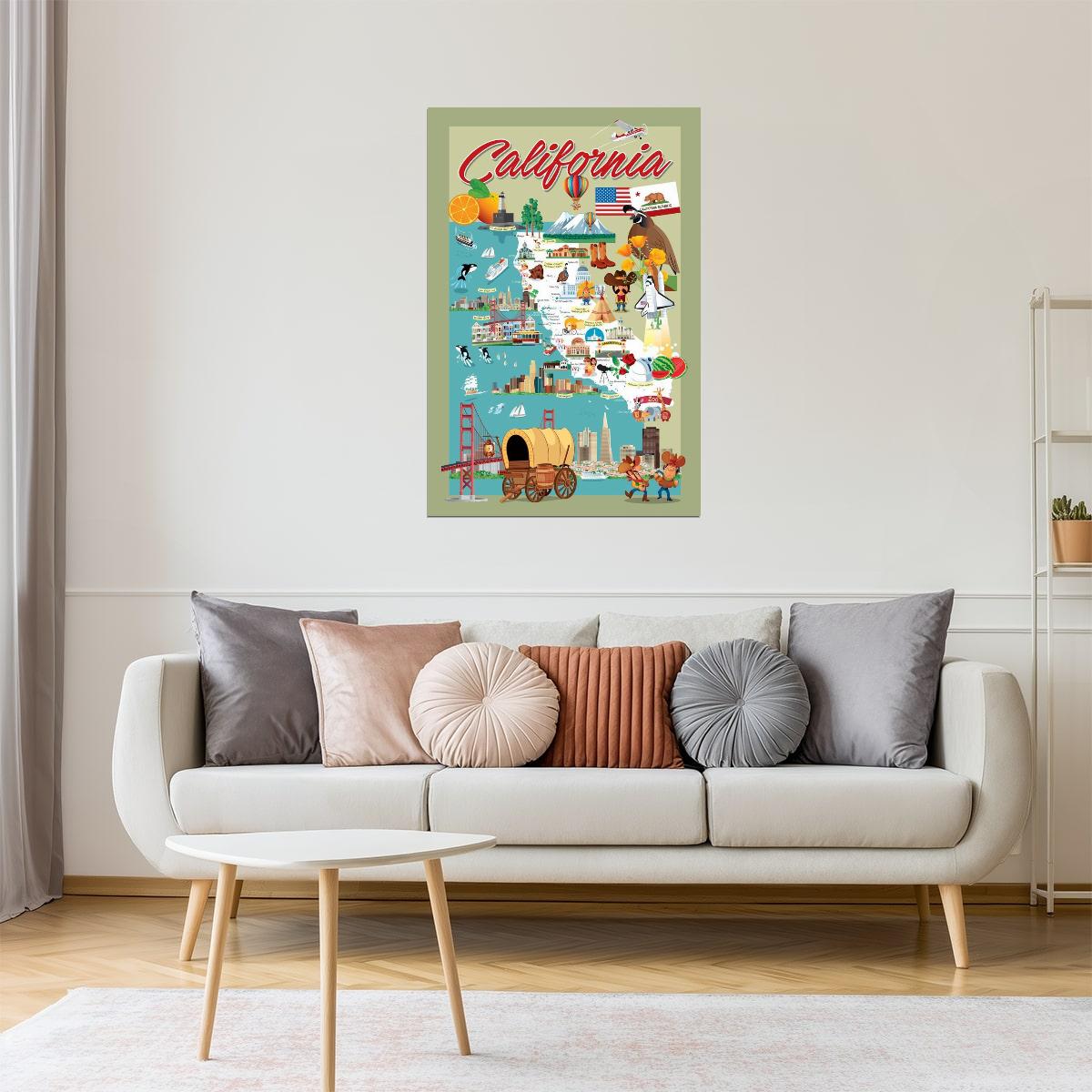 California Map | Retro Illustrated Cartoon Map Poster