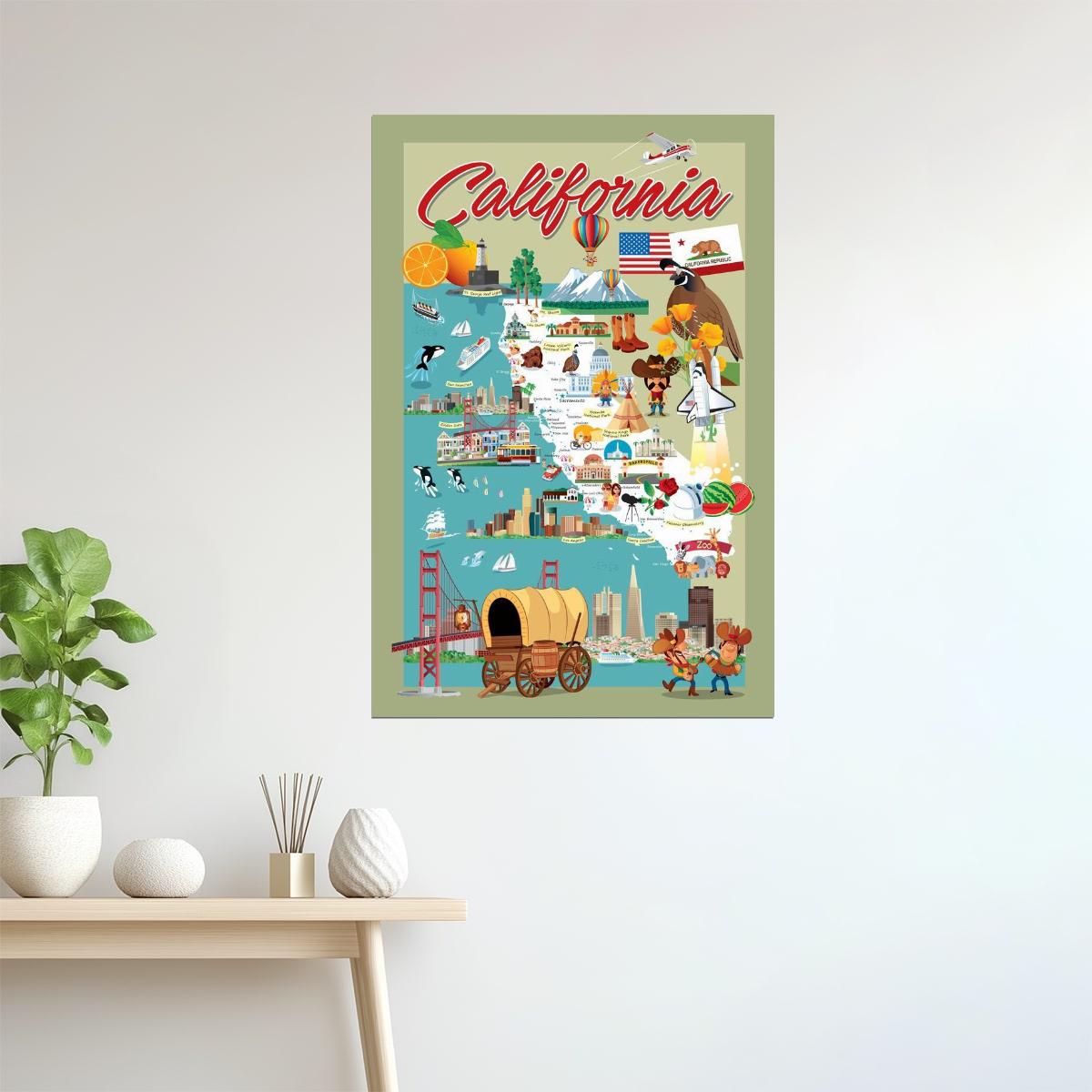 California Map | Retro Illustrated Cartoon Map Poster