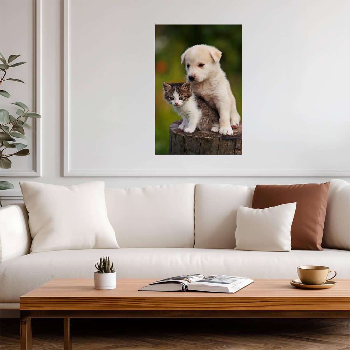 Cute Puppy and Kitten Embracing | Funny Animal Photography | Heartwarming Pet Poster - Photography Poster