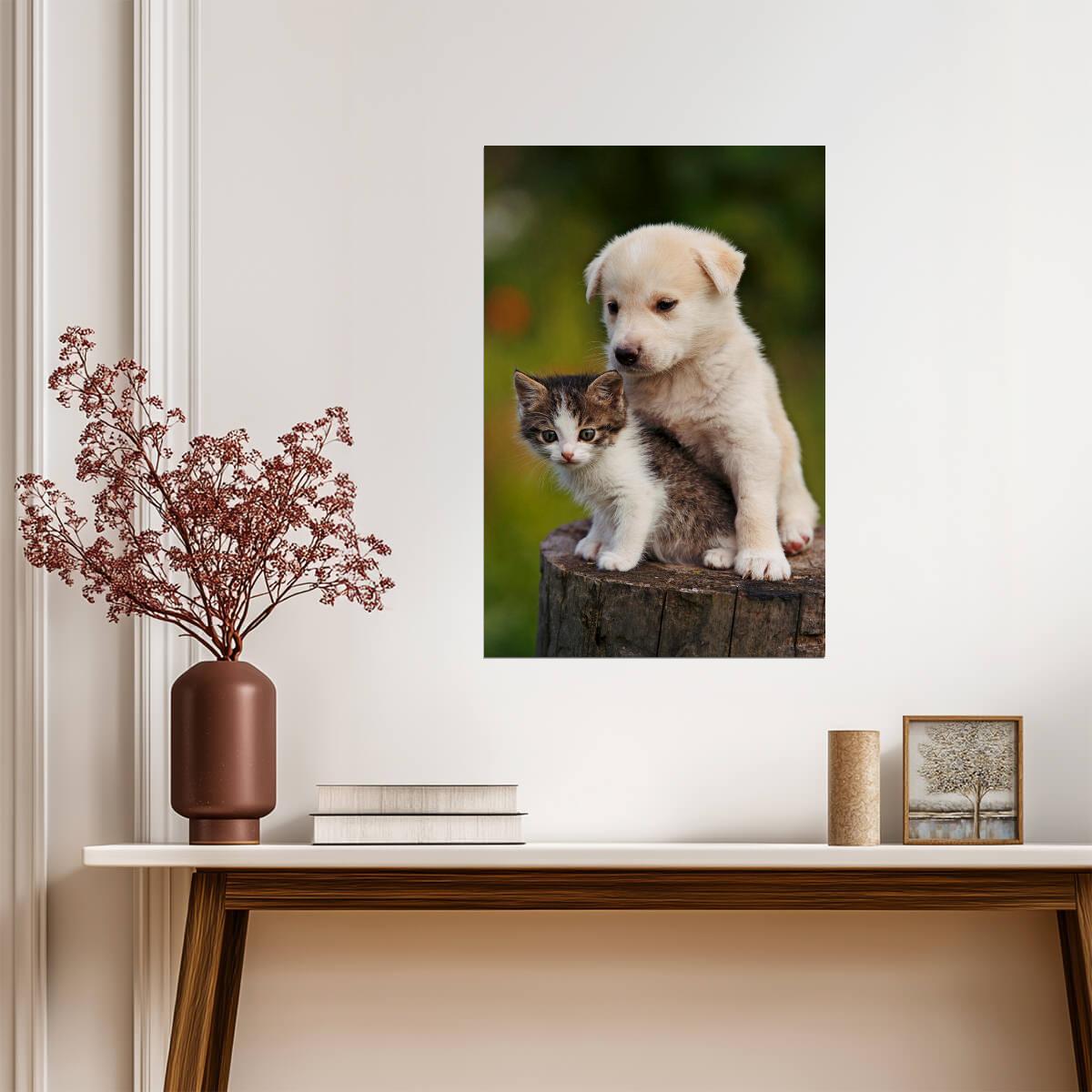Cute Puppy and Kitten Embracing | Funny Animal Photography | Heartwarming Pet Poster - Photography Poster