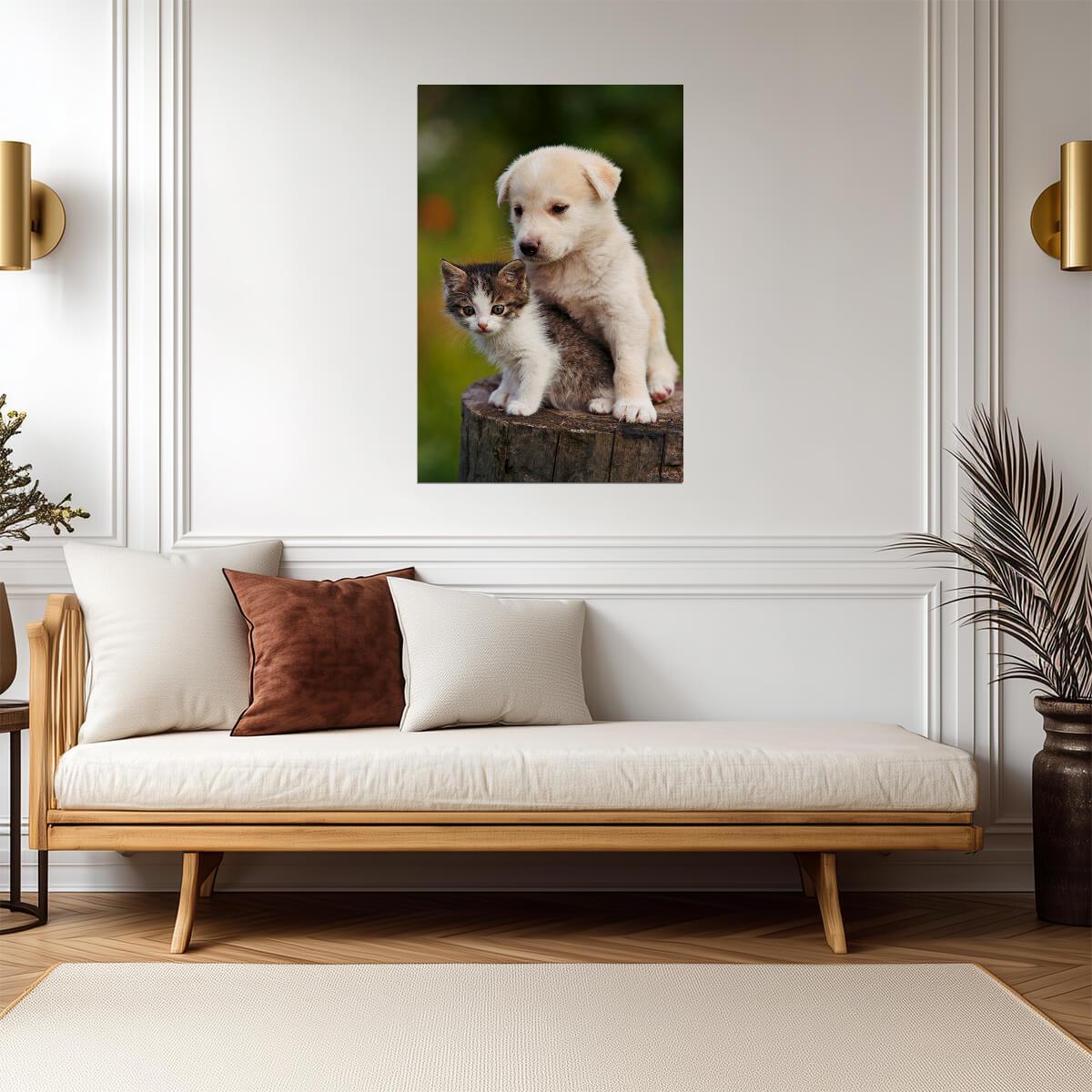 Cute Puppy and Kitten Embracing | Funny Animal Photography | Heartwarming Pet Poster - Photography Poster
