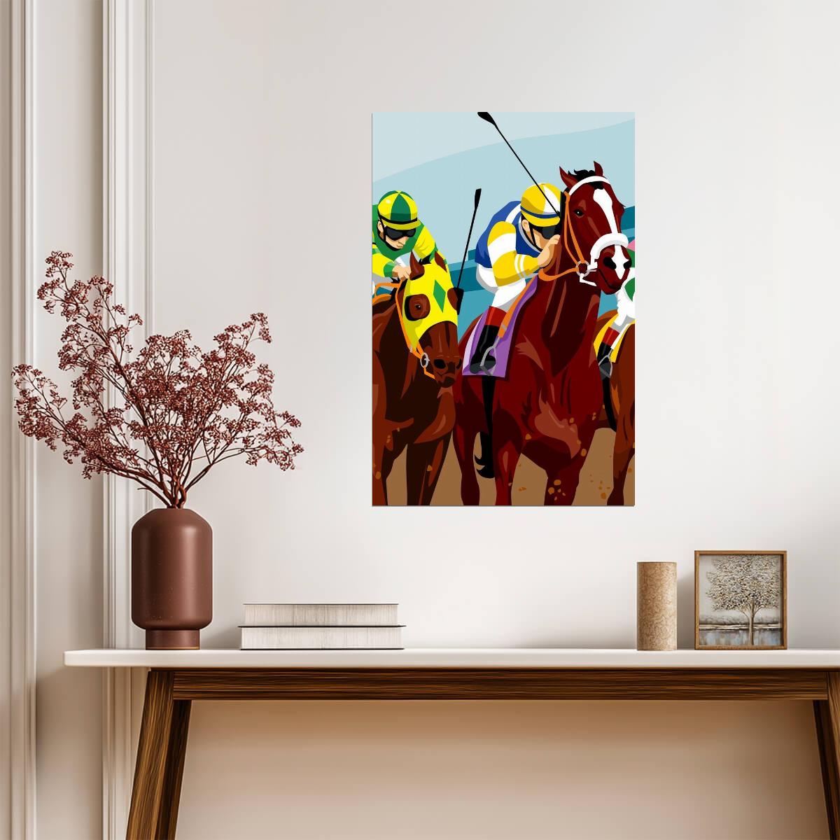Jockeys Racing Horses | Pop Art Style Painting | Colorful Horse Race Poster - Graphic & Art Poster