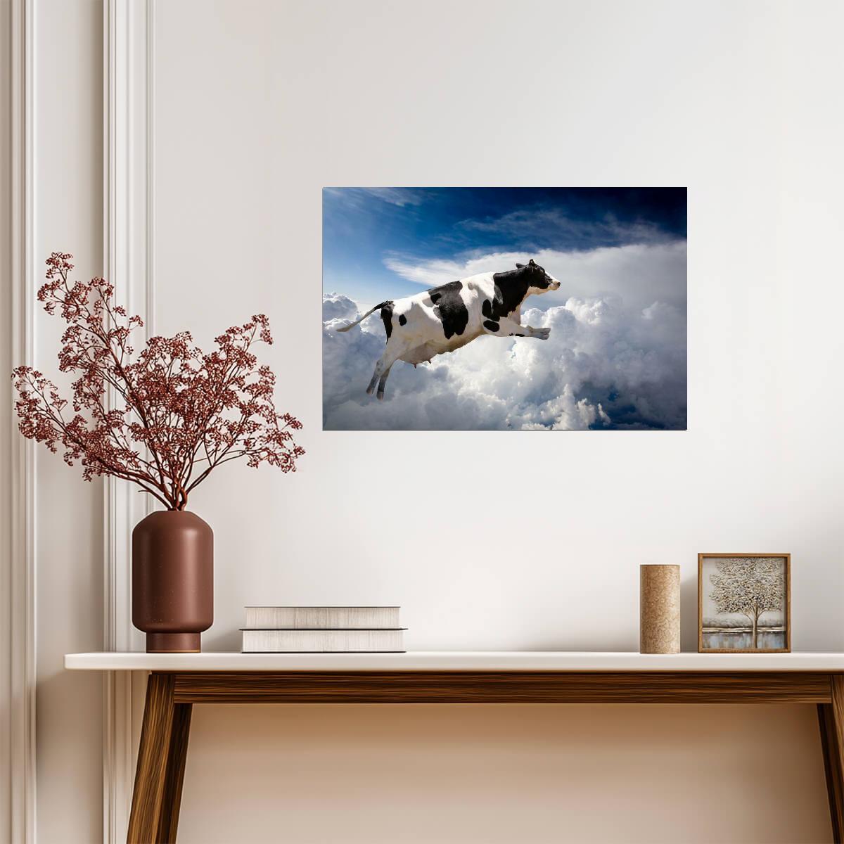 Flying Holstein Cow in the Clouds | Surreal Photography Art | Funny Animal Poster - Graphic & Art Poster