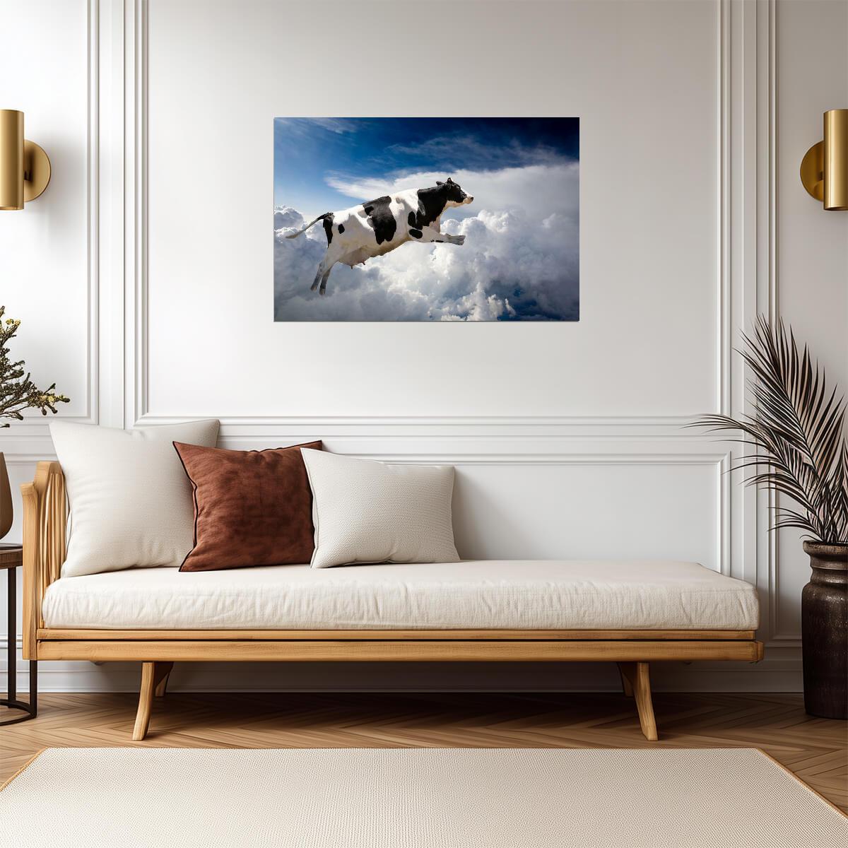 Flying Holstein Cow in the Clouds | Surreal Photography Art | Funny Animal Poster - Graphic & Art Poster