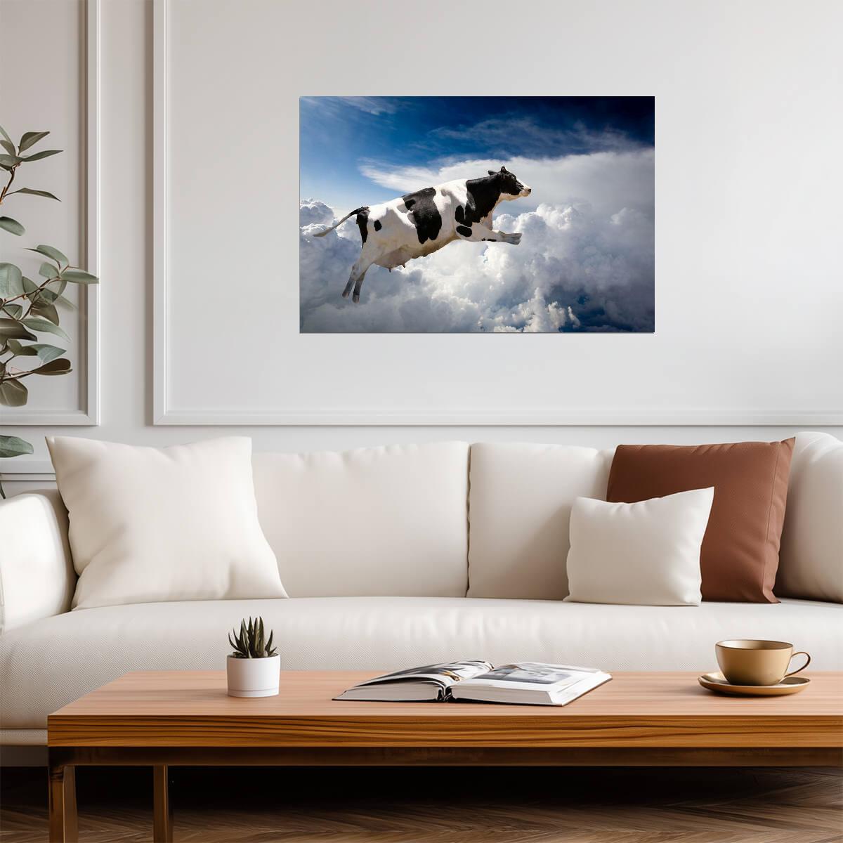 Flying Holstein Cow in the Clouds | Surreal Photography Art | Funny Animal Poster - Graphic & Art Poster