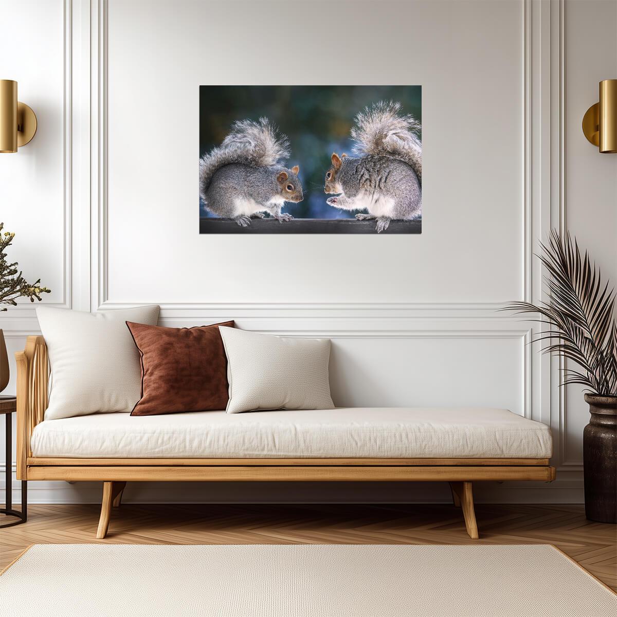 Two Squirrels on a Fence | Funny Animal Photography | "Squirrel Discussion" Poster - Photography Poster