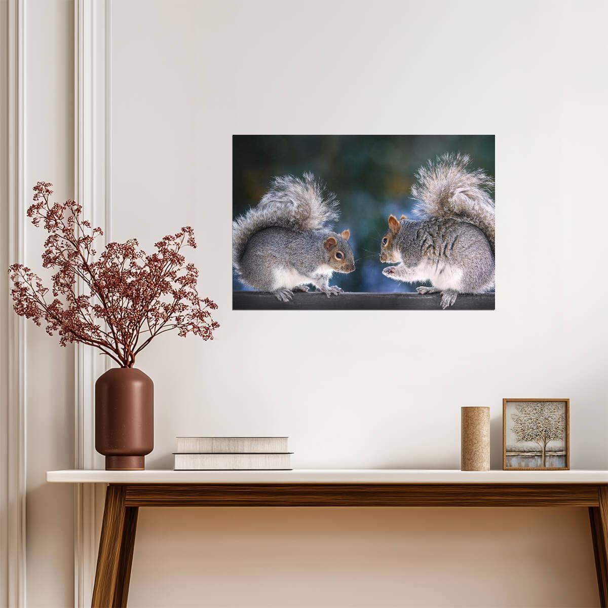 Two Squirrels on a Fence | Funny Animal Photography | "Squirrel Discussion" Poster - Photography Poster