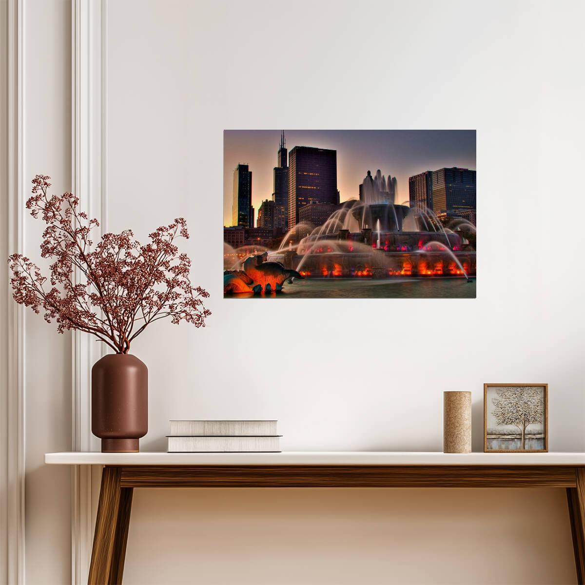 Buckingham Fountain at Sunset in Chicago | Illinois Landmark Photography | Cityscape Poster - Photography Poster