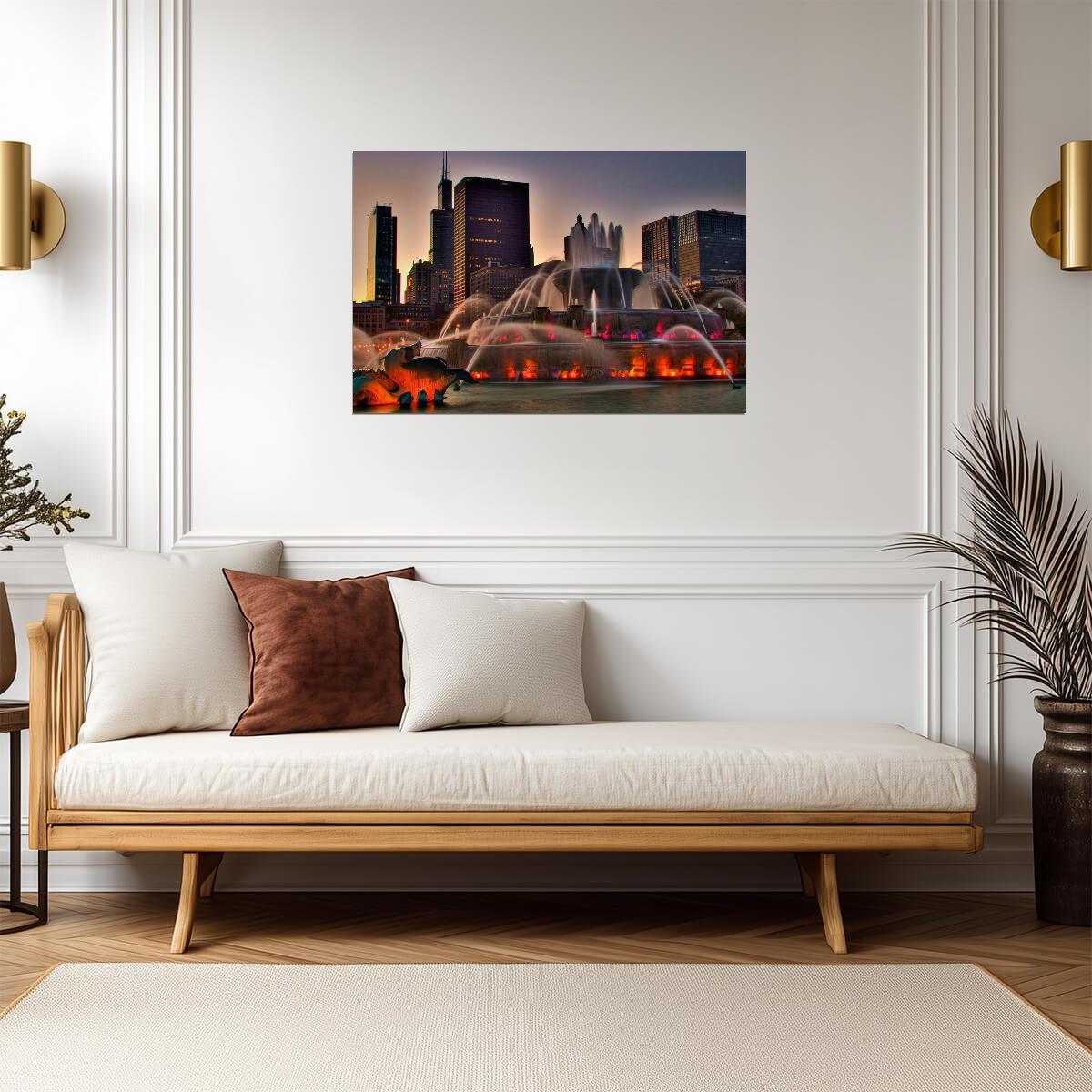 Buckingham Fountain at Sunset in Chicago | Illinois Landmark Photography | Cityscape Poster - Photography Poster