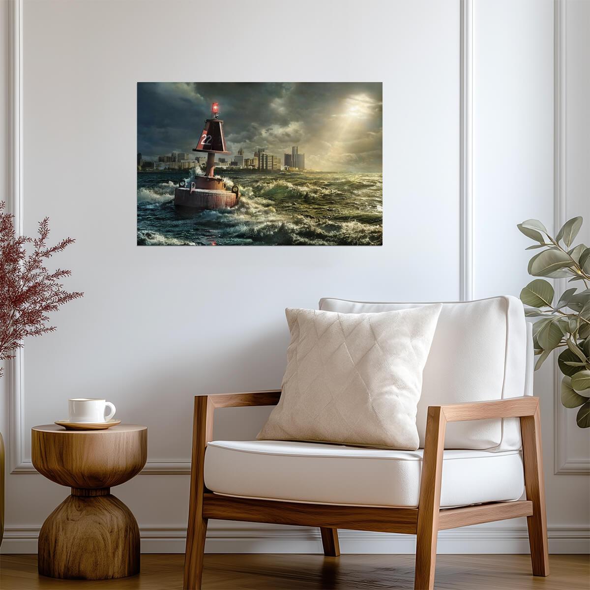 Detroit Michigan Skyline | Buoy in Rocky Waves | Cityscape Photography Poster - Photography Poster
