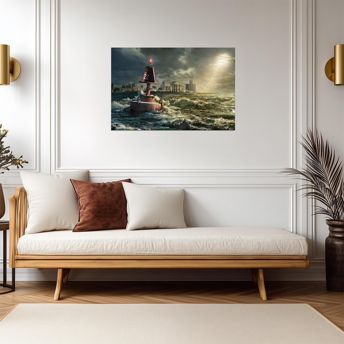 Detroit Michigan Skyline | Buoy in Rocky Waves | Cityscape Photography Poster - Photography Poster