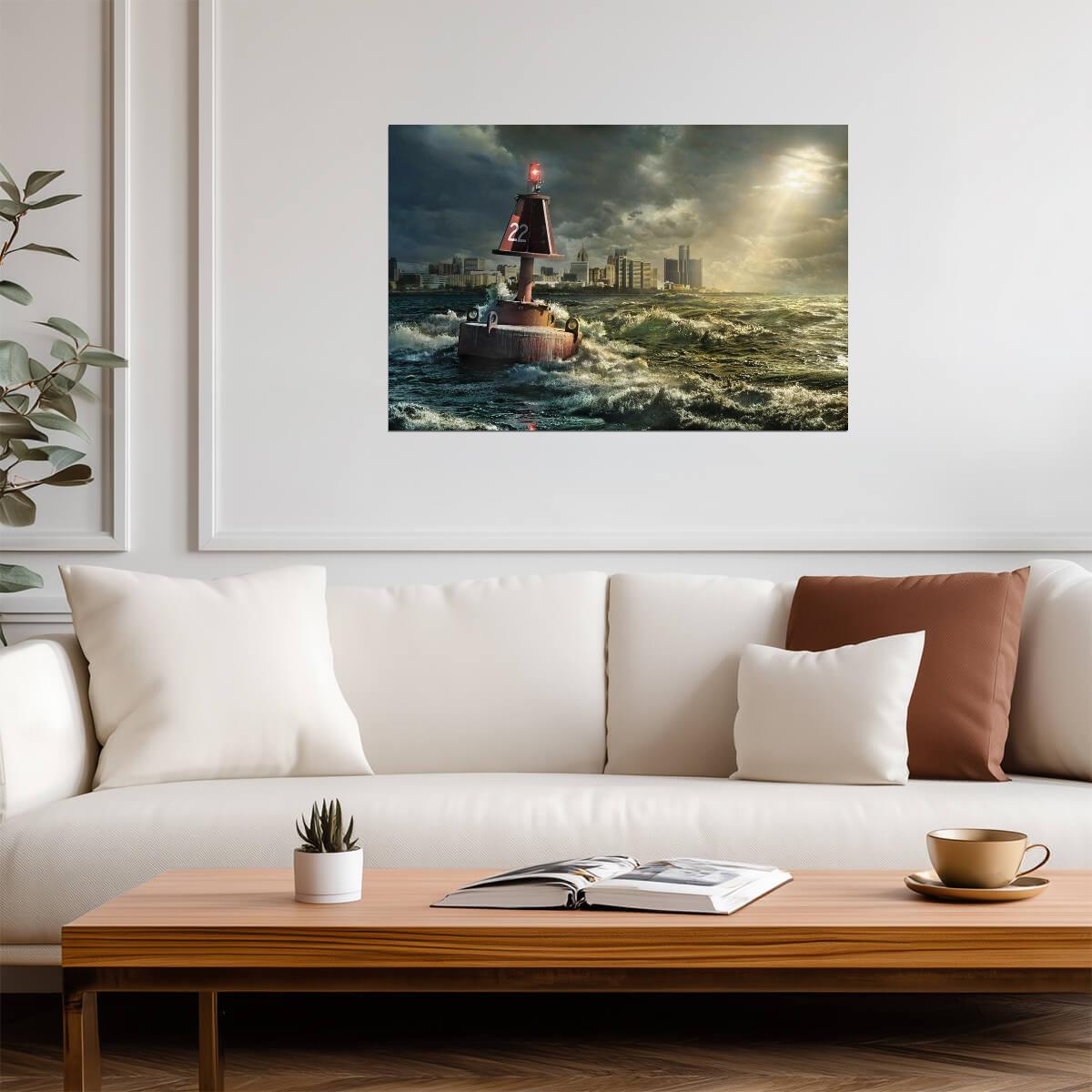 Detroit Michigan Skyline | Buoy in Rocky Waves | Cityscape Photography Poster - Photography Poster