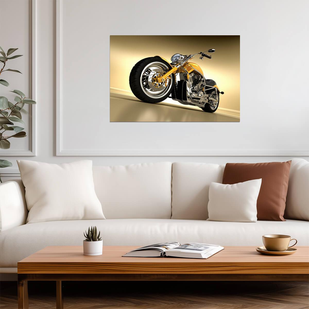 Yellow Chopper Motorcycle | Biker Photography Print | Garage Wall Art Poster - Cars Poster