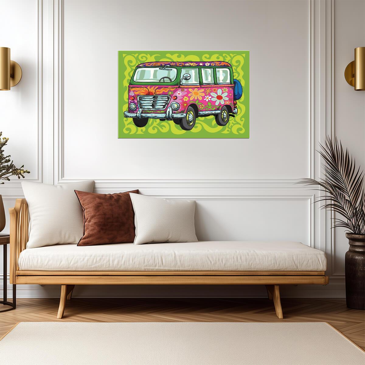 "Flower Power" VW Van | Hippie Bus Illustration | 60s & 70s Retro Art Poster - Graphic & Art Poster