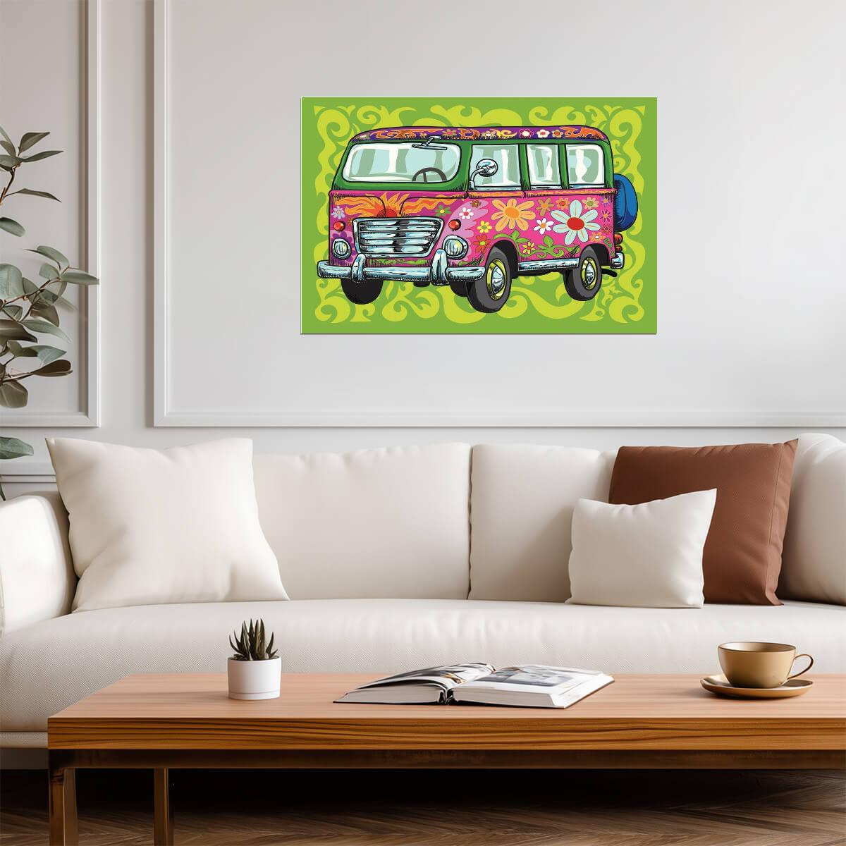 "Flower Power" VW Van | Hippie Bus Illustration | 60s & 70s Retro Art Poster - Graphic & Art Poster