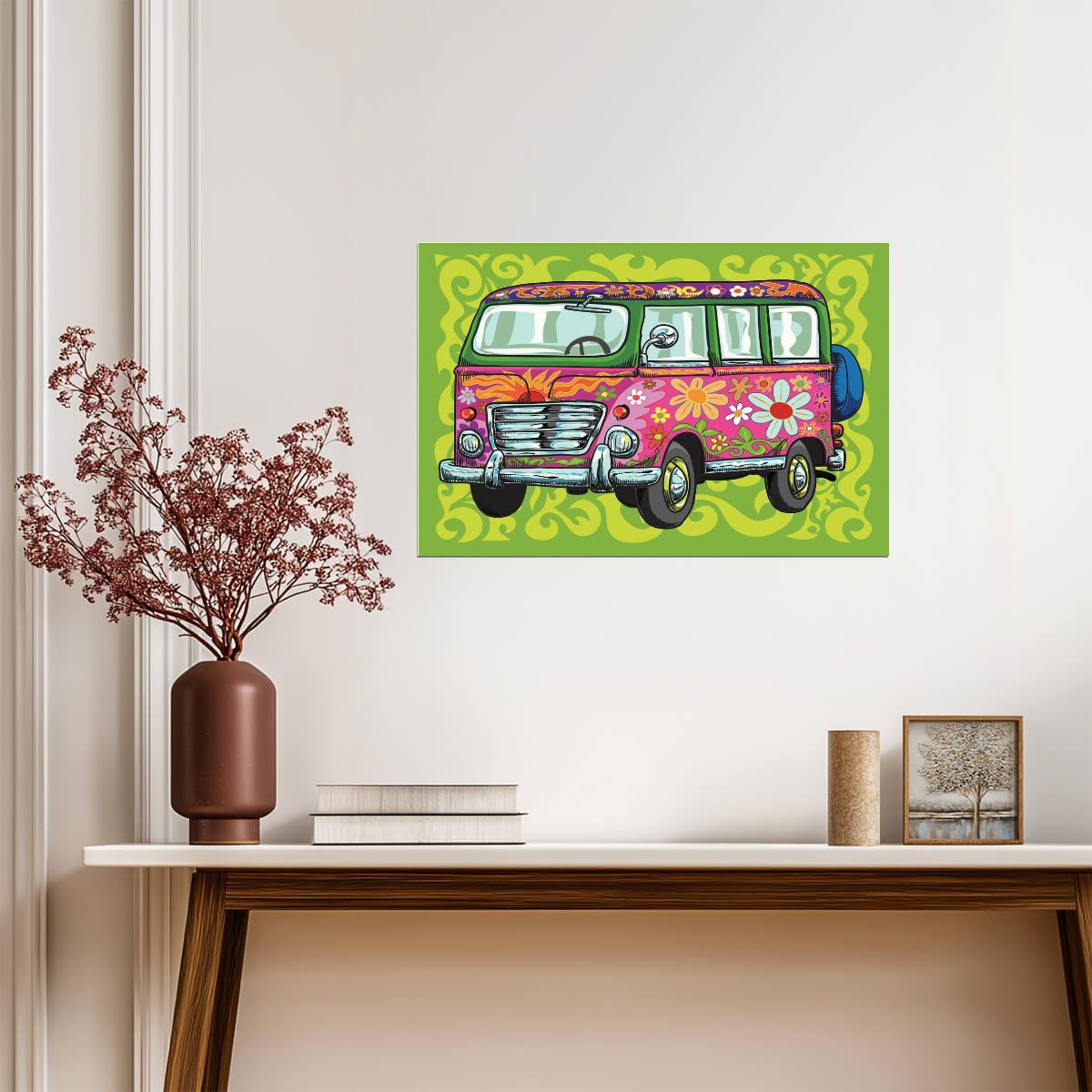 "Flower Power" VW Van | Hippie Bus Illustration | 60s & 70s Retro Art Poster - Graphic & Art Poster