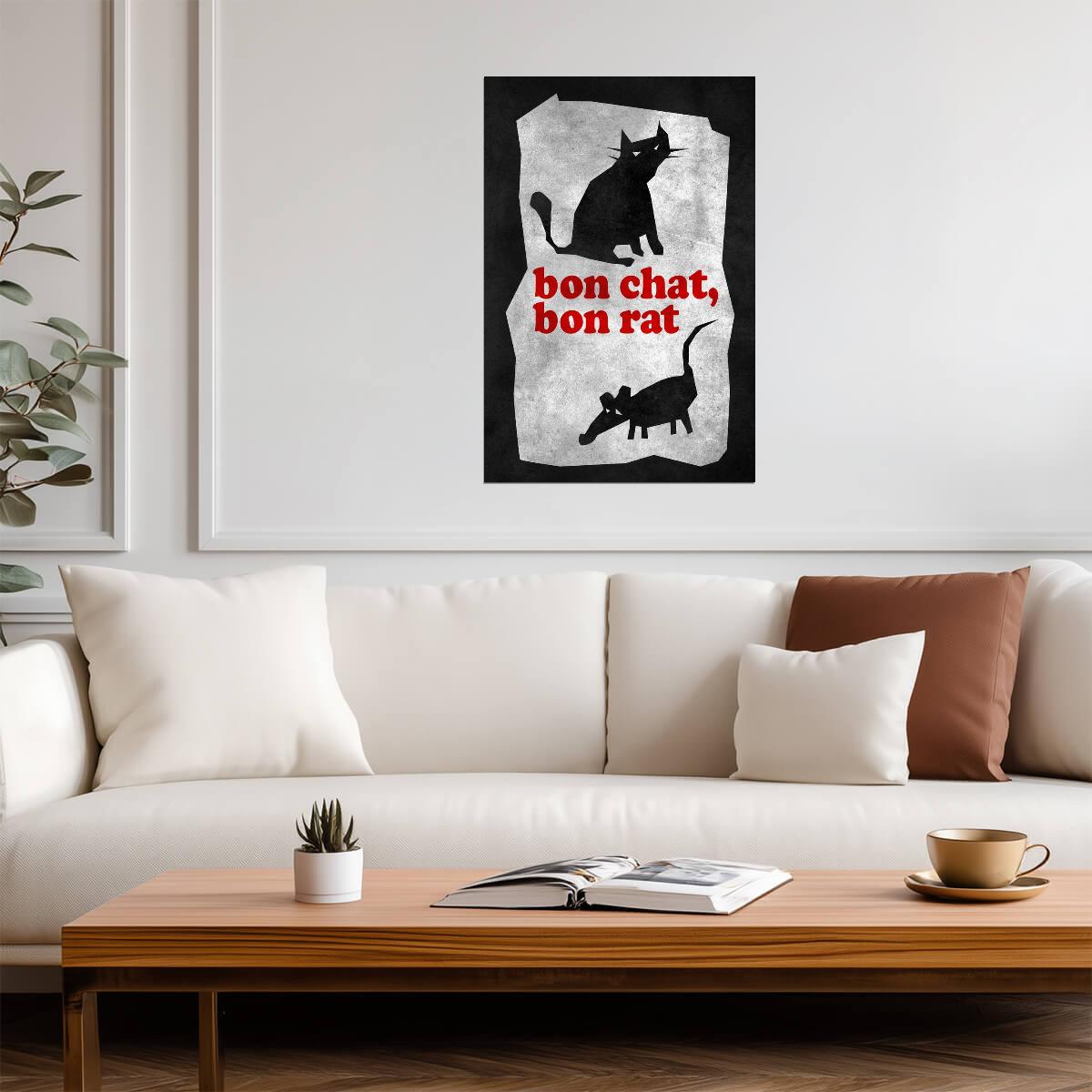 "Bon Chat, Bon Rat" | French Proverb Poster | Minimalist Illustration - Type & Quotes Poster