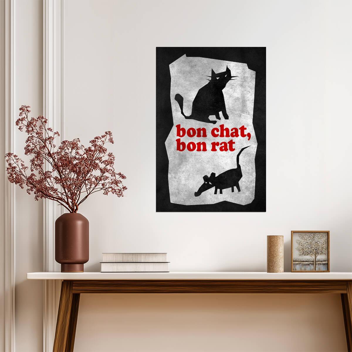 "Bon Chat, Bon Rat" | French Proverb Poster | Minimalist Illustration - Type & Quotes Poster