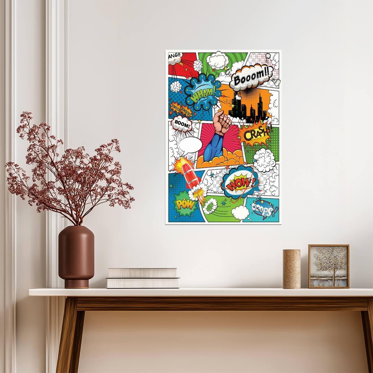 Comic Book Super Hero Sound Effects | Retro Pop Art Print | Superhero Wall Decor Poster - Graphic & Art Poster