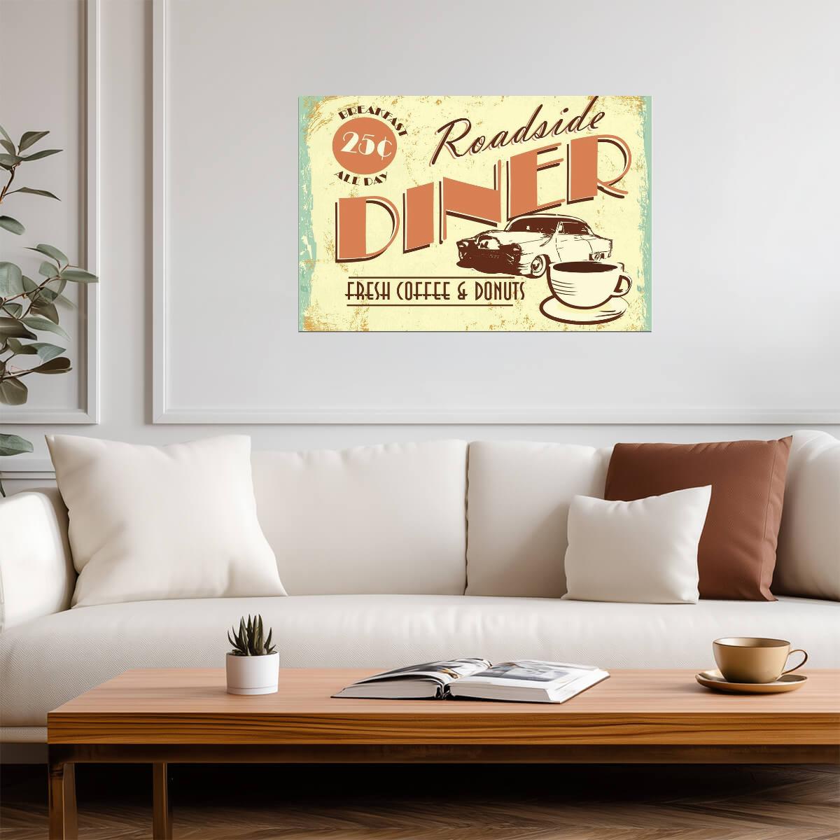 "Fresh Coffee And Donuts" Diner Sign | Vintage Advertising Art | Retro Kitchen Poster - Type & Quotes Poster