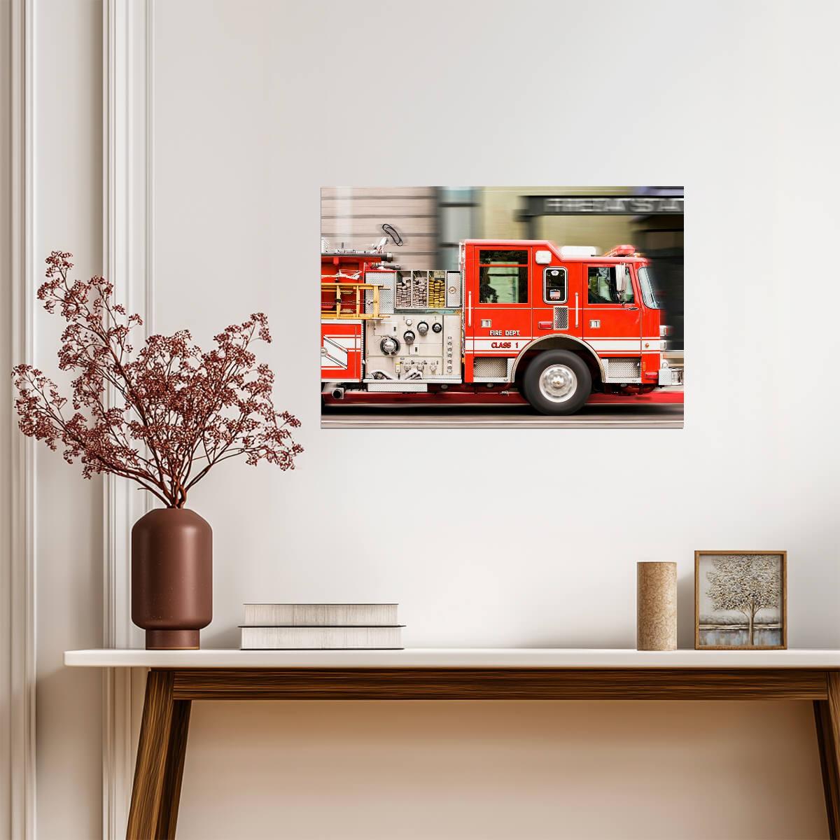 Fire Truck in Motion Photo | Emergency Vehicle | Firefighter Themed Poster - Cars Poster