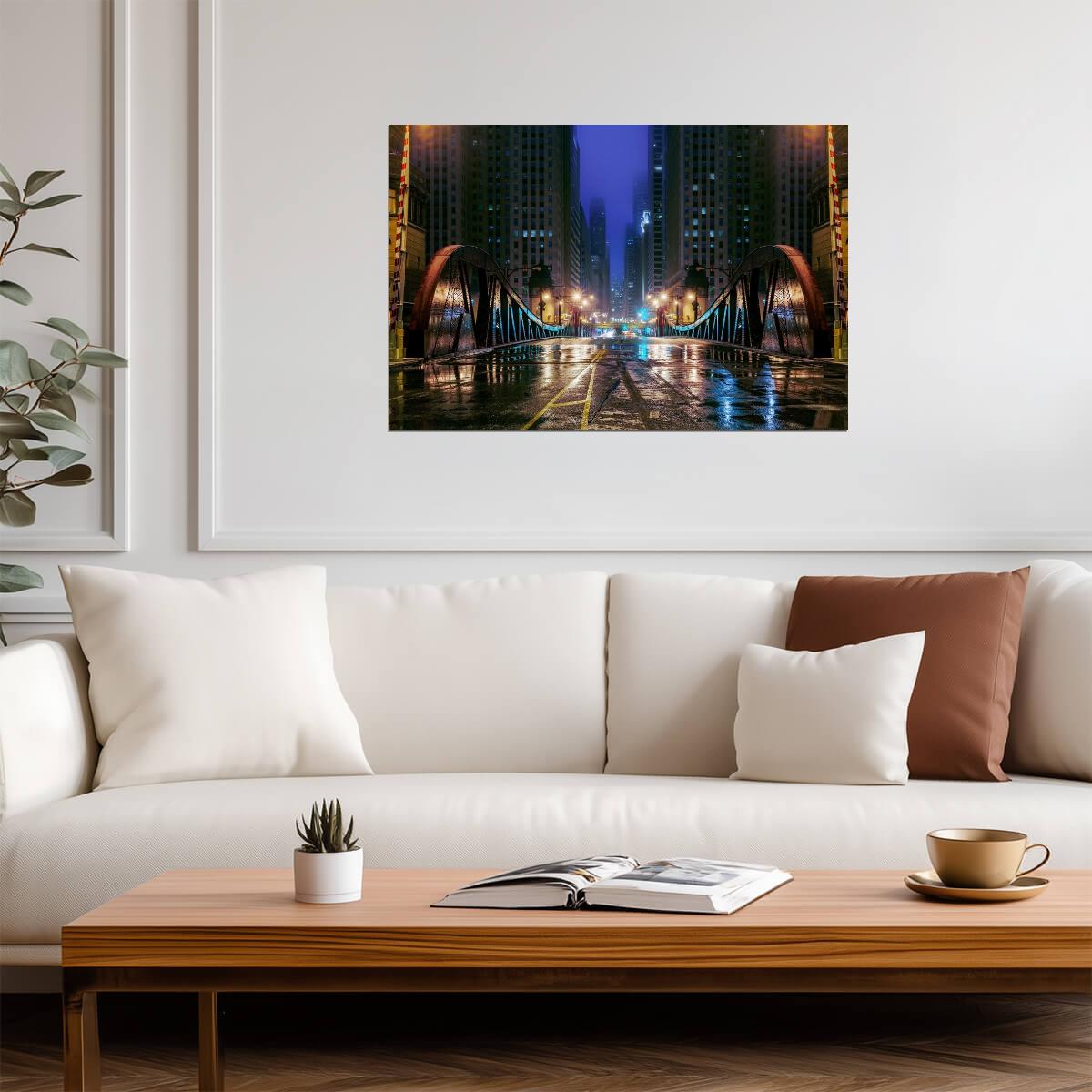 Clark Street Bridge at Night in Chicago | Illinois Photography | Urban Cityscape Poster - Photography Poster