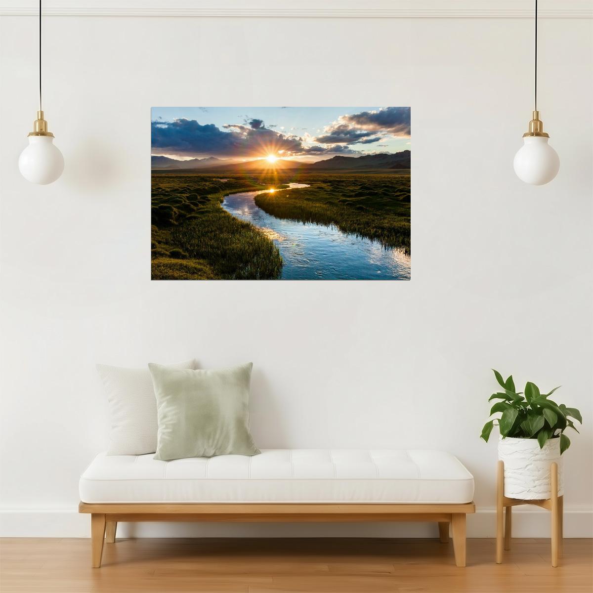 Mountain River Sunset Poster | Fishing Landscape Photography | Nature Wall Art