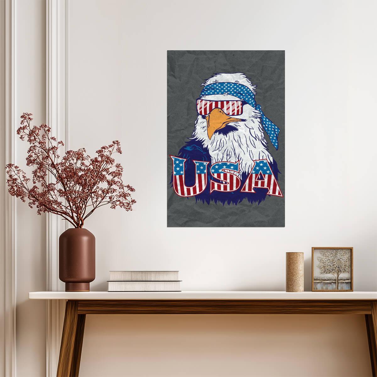 Patriotic Bald Eagle with USA Flag | Funny American Poster | Humorous Animal Art - Type & Quotes Poster