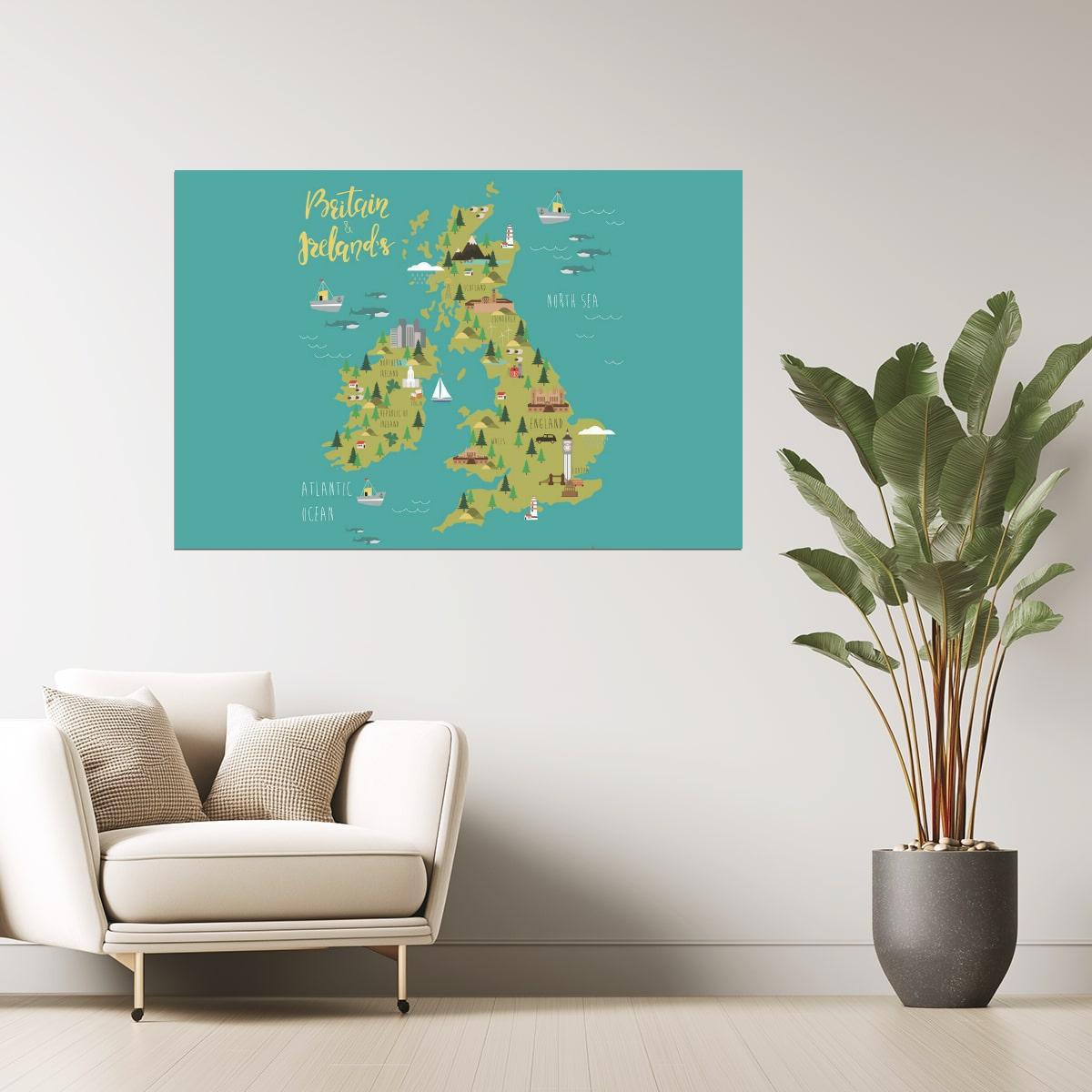 Britain and Ireland Map | Illustrated Map of the UK and Ireland Poster