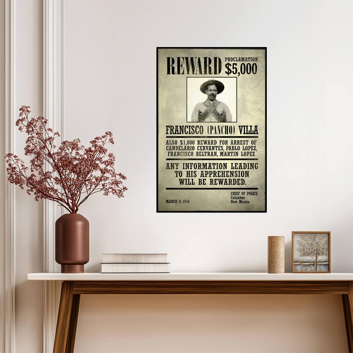 "Wanted: Francisco Pancho Villa" | Vintage Reward Poster | Old West & Mexican Revolution Art - Vintage & Retro Poster