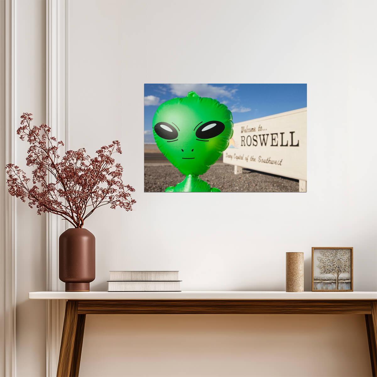 "Welcome To Roswell New Mexico" Sign Photo | Green Alien | Funny UFO & Sci-Fi Poster - Type & Quotes Poster