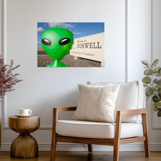 "Welcome To Roswell New Mexico" Sign Photo | Green Alien | Funny UFO & Sci-Fi Poster - Type & Quotes Poster
