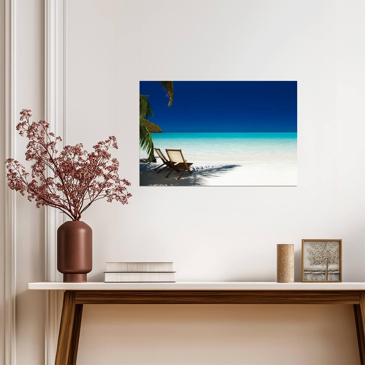 Chairs Under Palm Tree Photo | Caribbean Beach Scene | Tropical Vacation Poster - Photography Poster