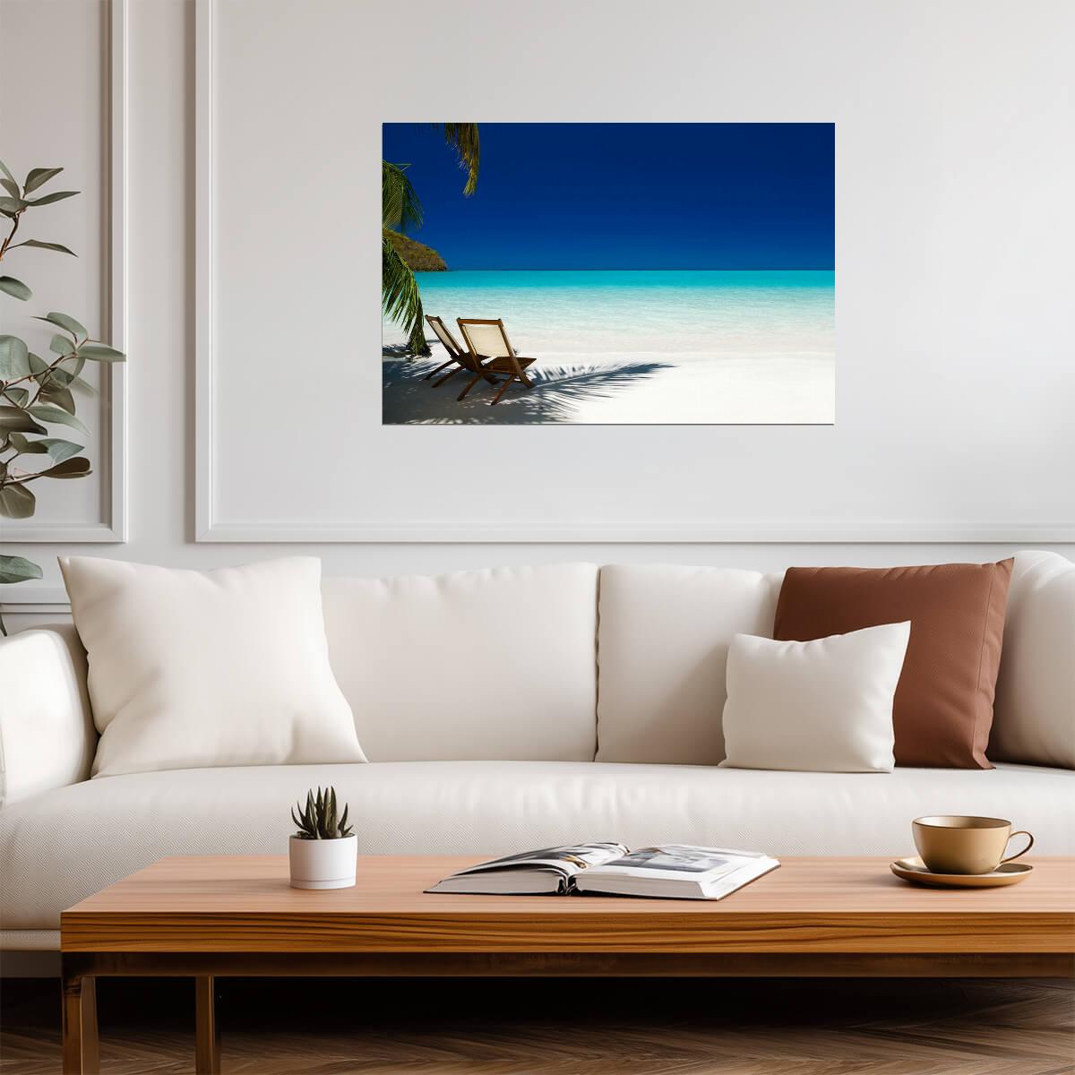 Chairs Under Palm Tree Photo | Caribbean Beach Scene | Tropical Vacation Poster - Photography Poster