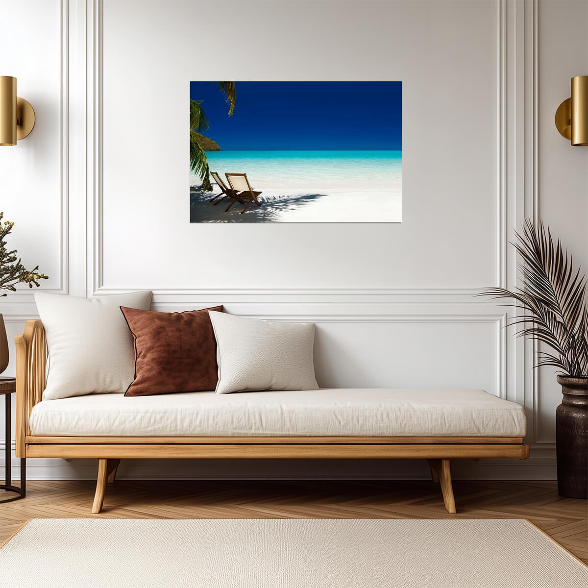 Chairs Under Palm Tree Photo | Caribbean Beach Scene | Tropical Vacation Poster - Photography Poster