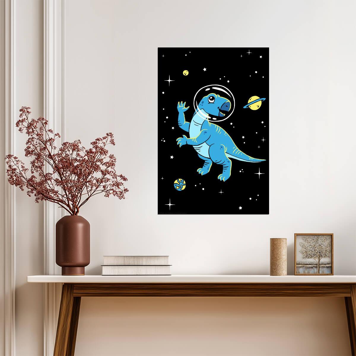 "Dinos in Space" | Blue Dinosaur Illustration | Kids Room & Nursery Art Poster - For Kids Poster