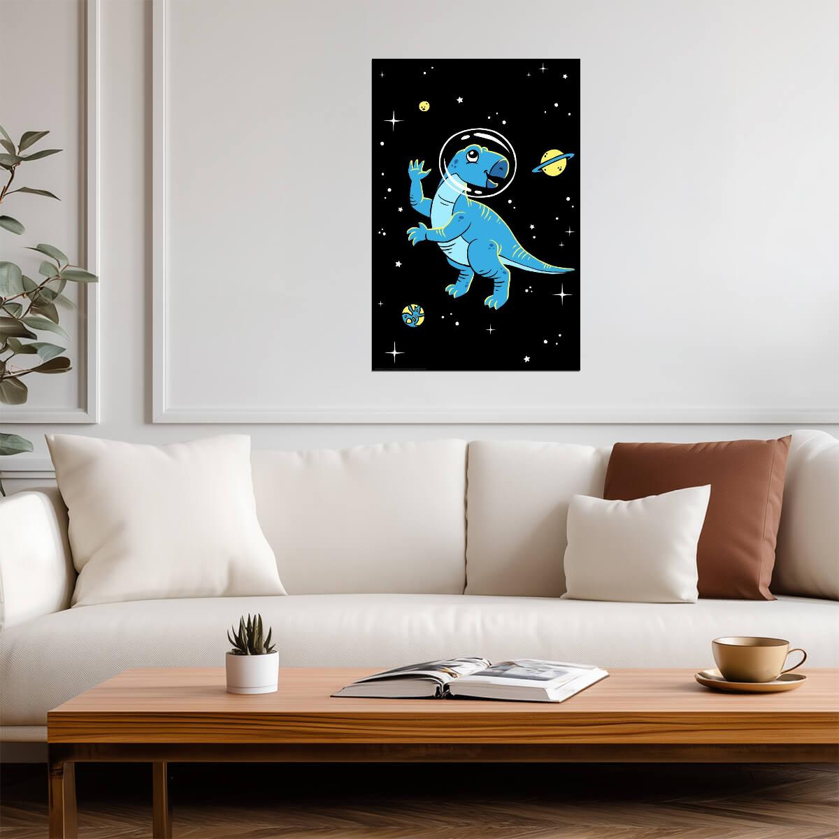 "Dinos in Space" | Blue Dinosaur Illustration | Kids Room & Nursery Art Poster - For Kids Poster