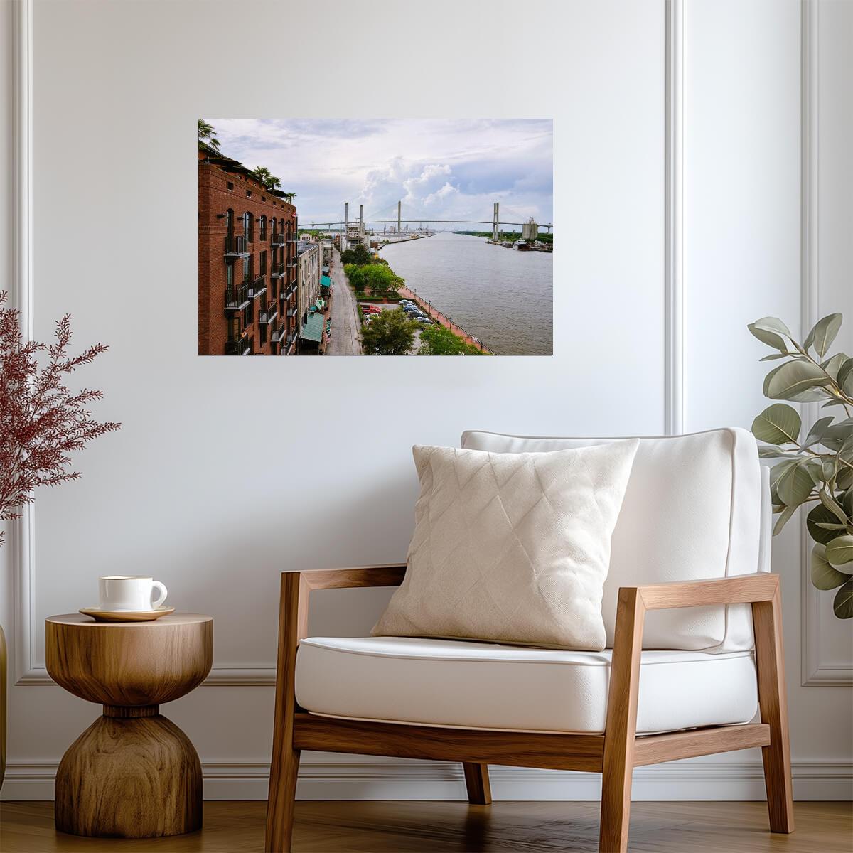 Savannah Georgia Waterfront with Talmadge Bridge | Cityscape Photography Poster - Photography Poster