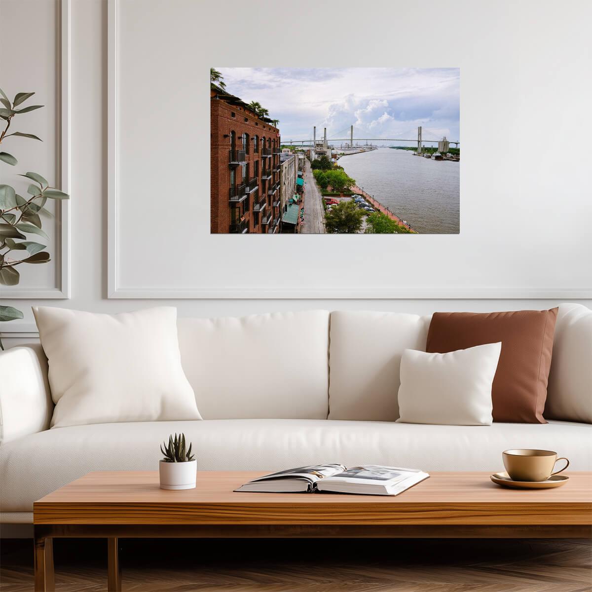 Savannah Georgia Waterfront with Talmadge Bridge | Cityscape Photography Poster - Photography Poster