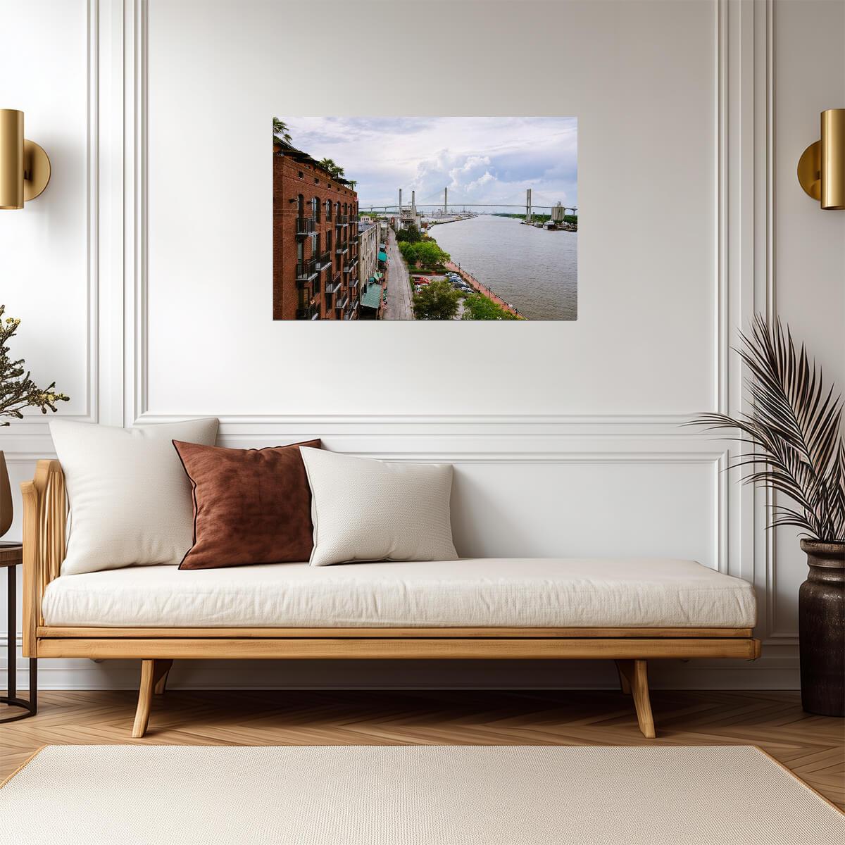 Savannah Georgia Waterfront with Talmadge Bridge | Cityscape Photography Poster - Photography Poster