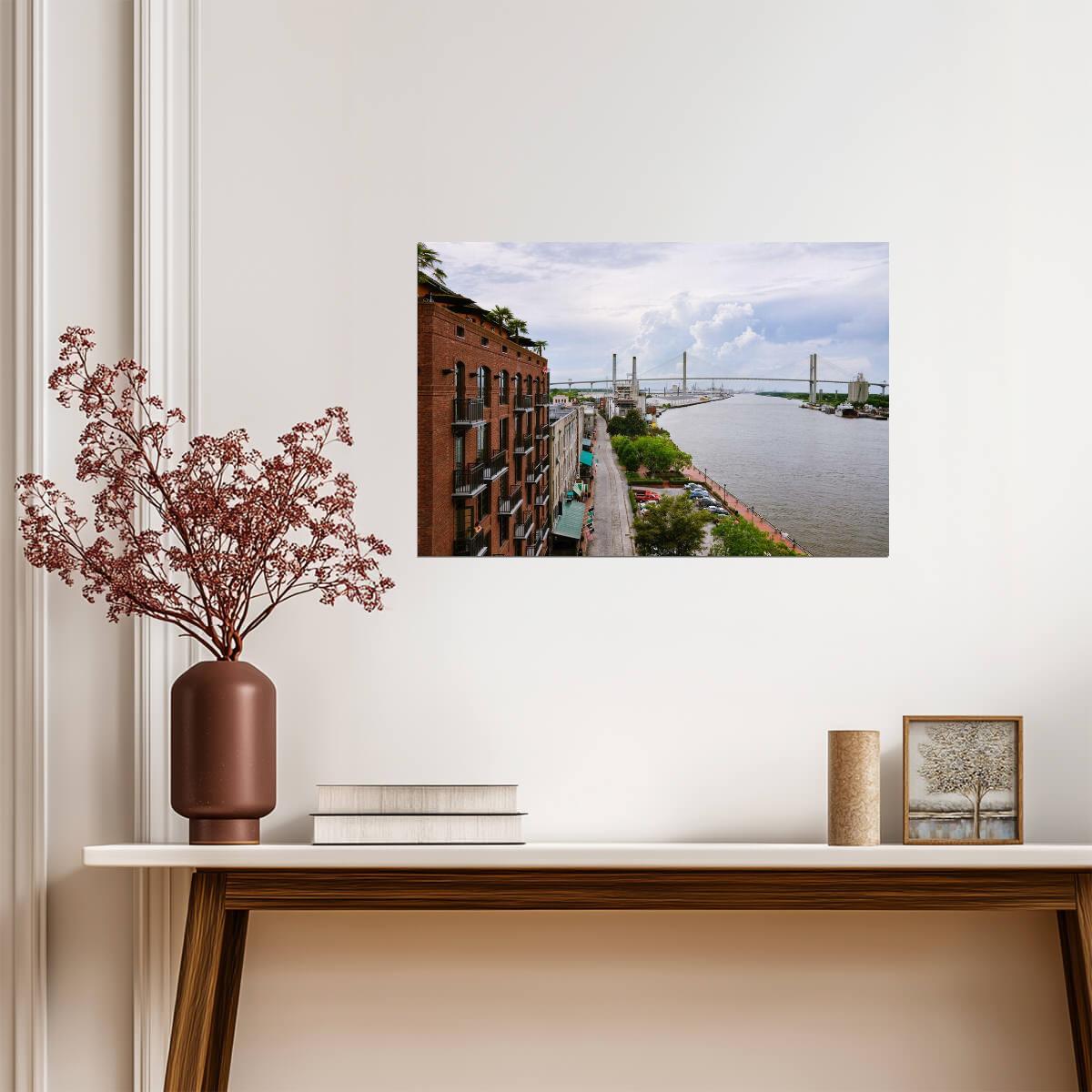 Savannah Georgia Waterfront with Talmadge Bridge | Cityscape Photography Poster - Photography Poster