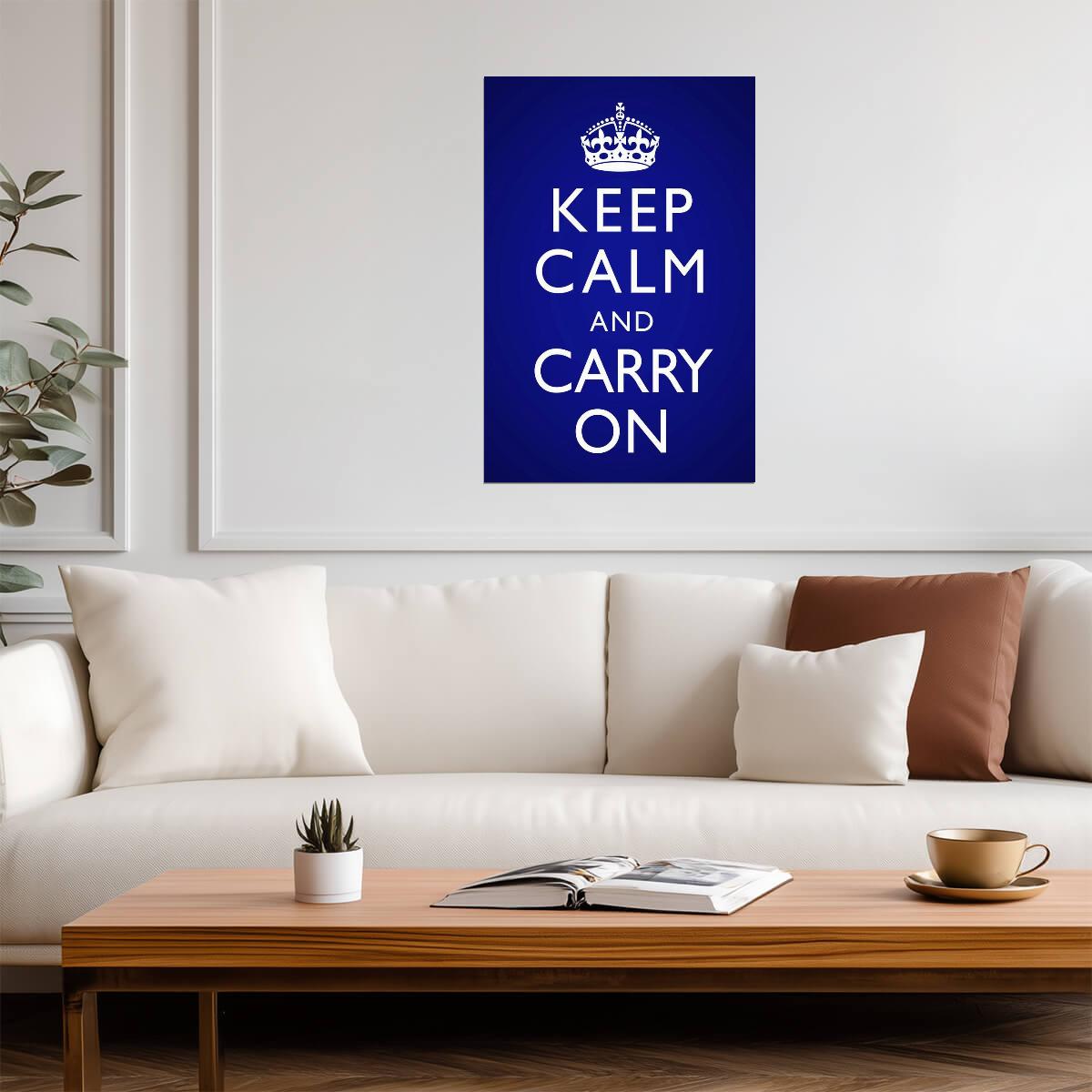 Keep Calm and Carry On | Blue Vignette Poster | Classic Motivational Quote - Type & Quotes Poster
