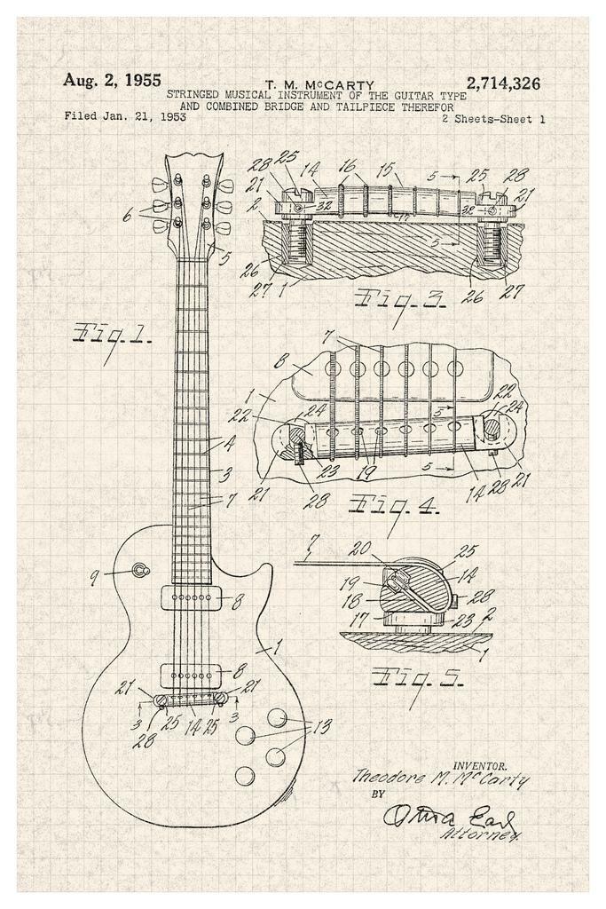 Gibson Les Paul Electric Guitar Patent | 1955 Diagram Poster | Vintage Music Art - Vintage & Retro Poster