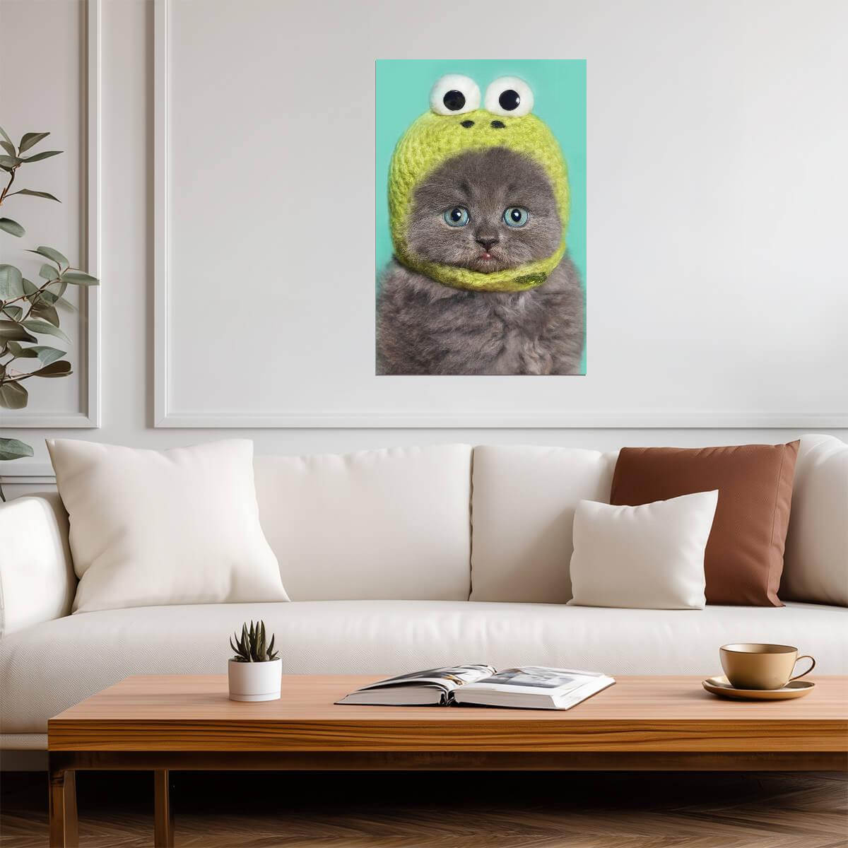 Funny Gray Kitten in a Green Frog Hat | Cute Animal Photography | Humorous Pet Poster - Photography Poster
