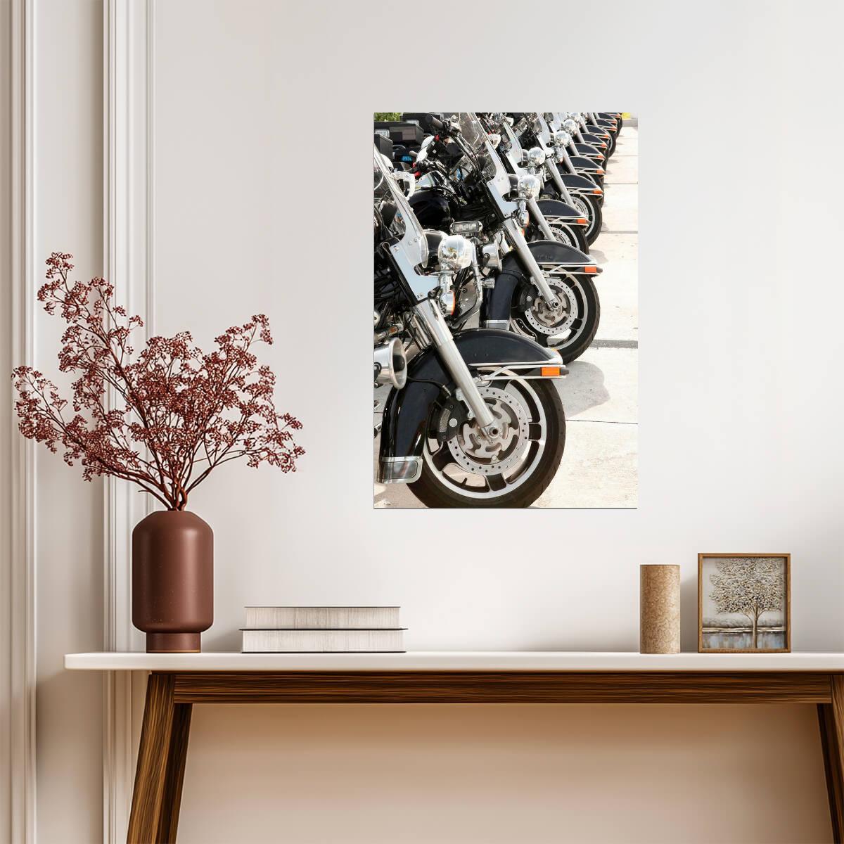 Police Motorcycles Lined Up in a Row | Law Enforcement Photography Poster - Cars Poster