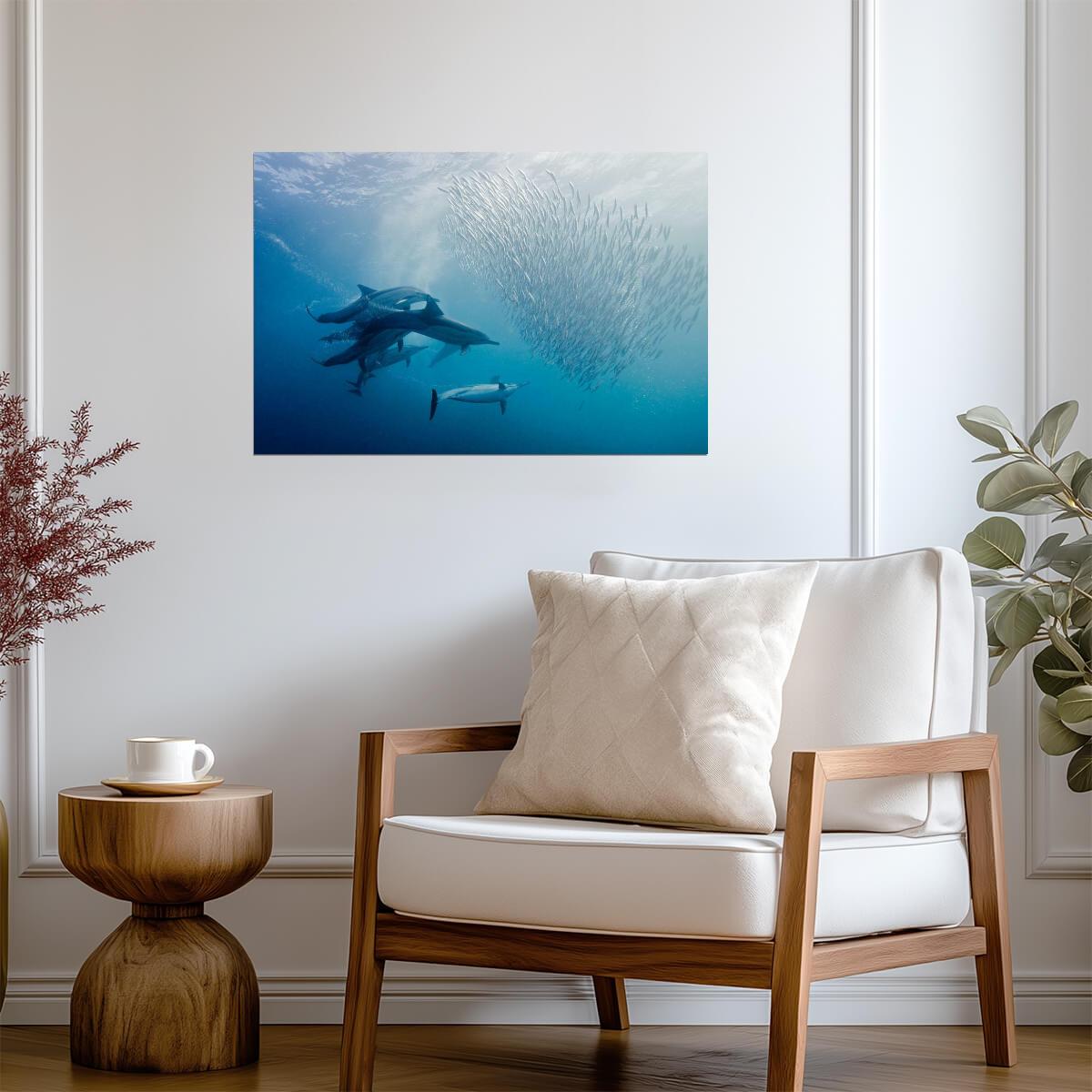 Dolphins Hunting a School of Sardines | Underwater Photography | Marine Wildlife Poster - Photography Poster