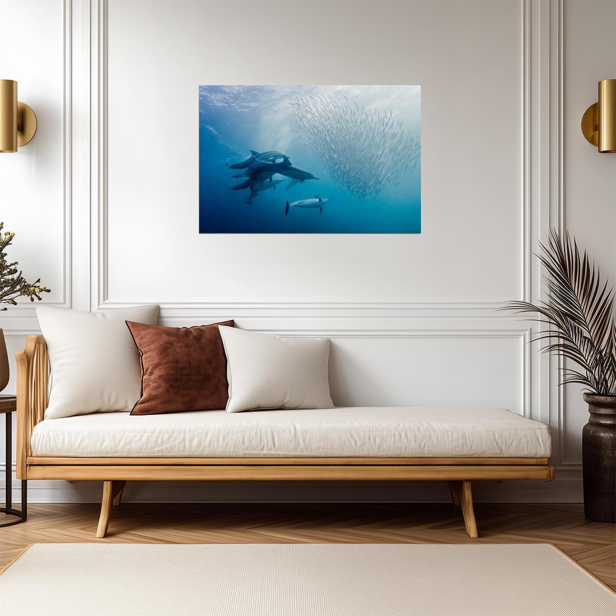 Dolphins Hunting a School of Sardines | Underwater Photography | Marine Wildlife Poster - Photography Poster