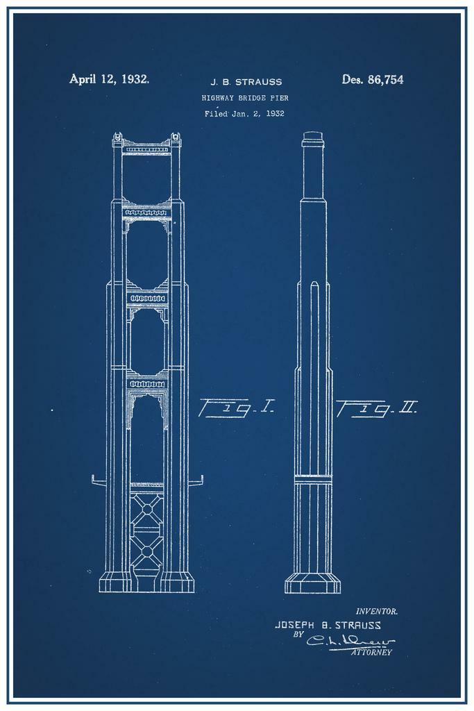 Golden Gate Bridge Patent Blueprint | Architectural Poster | San Francisco Wall Art - Vintage & Retro Poster