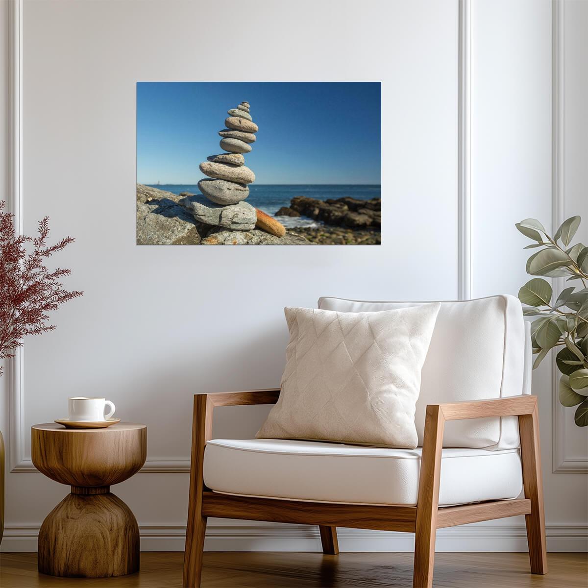 Cairn on the Shore in Portland Maine | Zen Rock Balancing Photography | Nature Poster - Photography Poster
