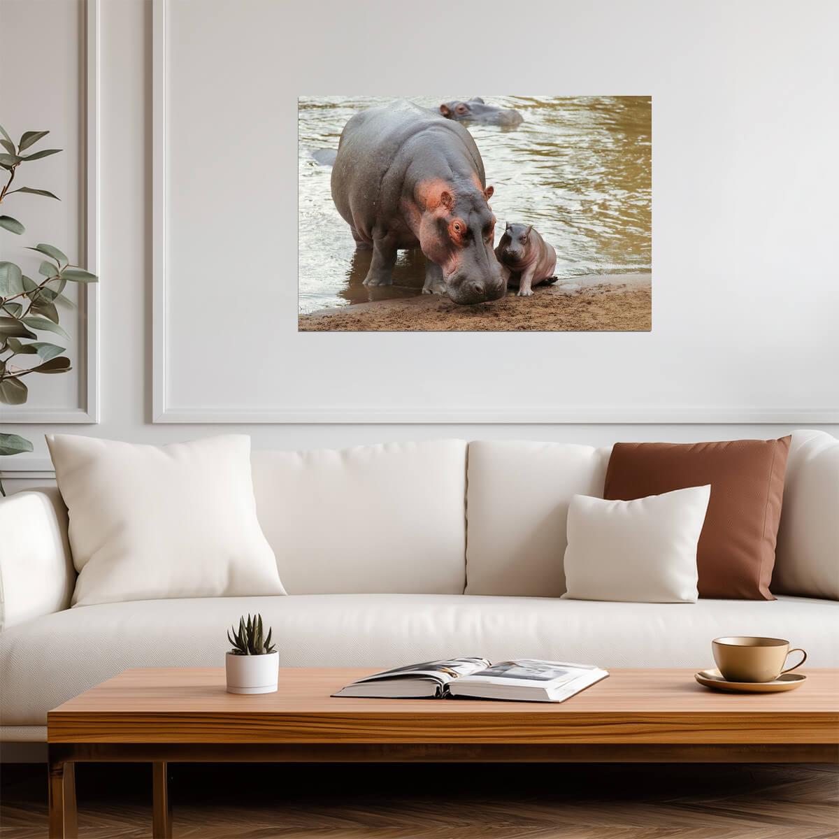 Mother Hippopotamus with Newborn Baby | Wildlife Photography | Animal Poster - Photography Poster